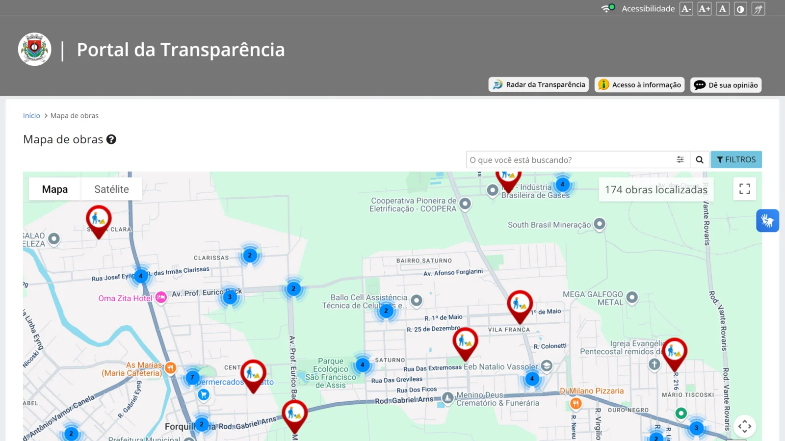 Mapa de obras no portal de Transparência.