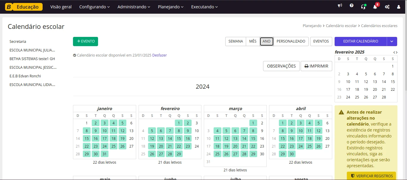 Planejamento do calendário escolar na solução Educação da Betha.