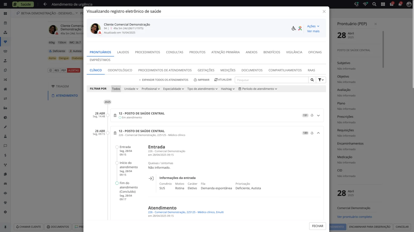 Registro eletrônico de saúde na solução Saúde da Betha. Dados de demonstração da Betha.